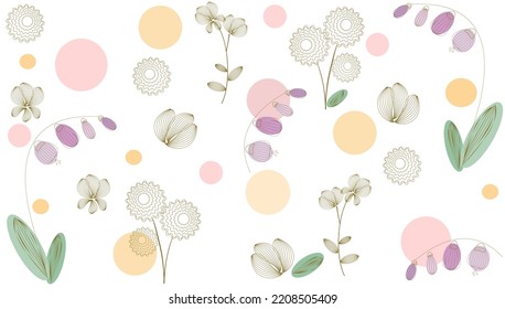 A delicate pattern of abstract outline flowers and circles in a pastel palette. Vector illustration for wallpaper, fabric, packaging design