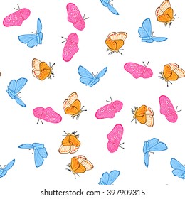 Delicate pattern with butterflies. Light background with flying butterflies. Background for postcards, invitations, children's items. Suitable for fabric and paper.