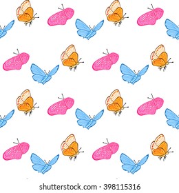 Delicate pattern with butterflies. Light background with flying butterflies. Background for postcards, invitations, children's items. Suitable for fabric and paper.