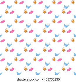 Delicate pattern with butterflies. Light background with flying butterflies. Background for postcards, invitations, children's items. Suitable for fabric and paper.