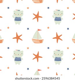 Delicate pattern for children with a funny bear, starfish and ship