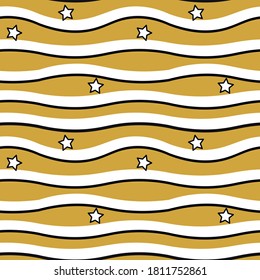 Delicate pattern for children's products. Gold background with white waves, small stars Stylish seamless pattern for fabrics, wallpapers, packaging, backgrounds. Modern vector illustration.
