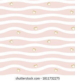 
Delikates Muster für Kinderprodukte. rosafarbener Hintergrund mit weißen Wellen, kleine Herzen. Stilvolles, nahtloses Muster für Stoffe, Wallpaper, Verpackung, Hintergründe. Moderne Vektorgrafik.