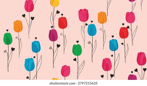 Delicate pattern of colorful tulips in pink yellow blue and green accompanied by tiny black hearts on a soft peach background for spring decor.