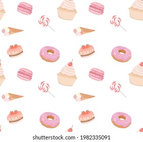 delicate pattern of confectionery products. cupcake, doughnut, ice cream, lollipop. vector image