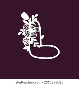 Delicate pattern for cutting letter L with tender flowers. Paper art. Die cutting for scrapbooking.