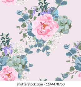 Delicate pattern of dog roses flowers. Roses, herbs and succulent. Design for cloth, wallpaper, gift wrapping. Print for silk and home textiles. Pink background.