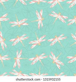 Delicate pattern with dragonflys in Asian style and pastel colors