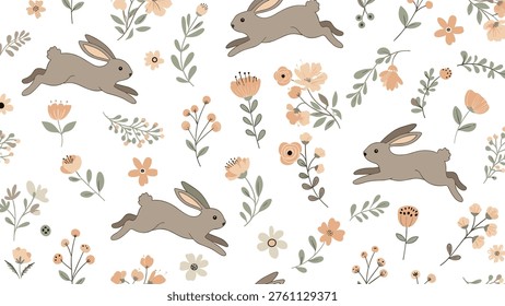 Delicate pattern featuring jumping gray rabbits surrounded by soft peach and green wildflowers and botanical sprigs.