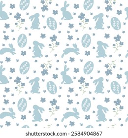 A delicate pattern featuring light blue rabbits and flowers interspersed with decorative eggs, perfect for spring-themed crafts and decorations.