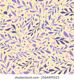 Delicate pattern featuring purple leaves and small pink hearts on soft beige background. Botanical design with sparkle elements creates sophisticated romantic mood. Perfect for elegant occasions.