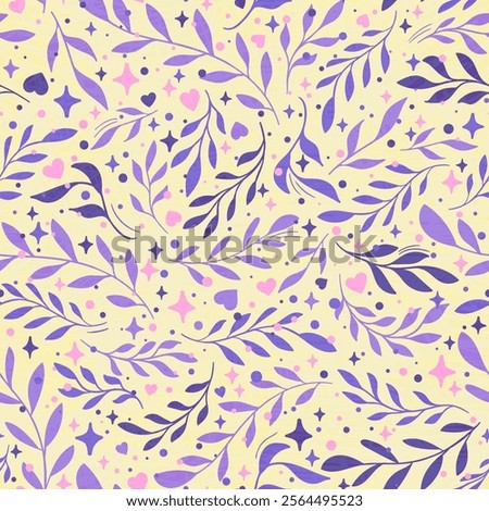 Delicate pattern featuring purple leaves and small pink hearts on soft beige background. Botanical design with sparkle elements creates sophisticated romantic mood. Perfect for elegant occasions.