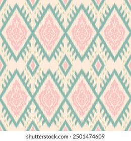 A delicate pattern featuring soft pink and green diamond motifs on a cream background.Seamless pattern design With a tribal pattern and imitating the ikat weaving pattern. 
