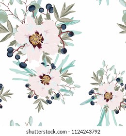 Delicate pattern of flowers peony. Roses, berries, anemones and eucalyptus, succulent. Design for cloth, wallpaper, gift wrapping. Print for silk and home textiles. White background.