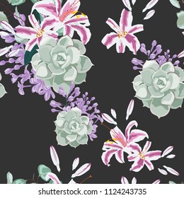 Delicate pattern of flowers pink lilies. Lilac and eucalyptus, succulent. Design for cloth, wallpaper, gift wrapping. Print for silk and home textiles. Black background. Garden autumn flowers.
