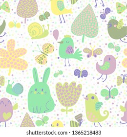 
A delicate pattern with flowers and rabbits birds and butterflies is well suited for textiles