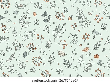 A delicate pattern of hand-drawn botanical elements on a soft pale green background.