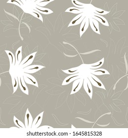 Delicate pattern inspired by Art Deco flowers. Repeating texture for fabric, textile, wrapping paper, card, invitation, wallpaper, web design. 
Sepia tones chaotic spread vector Illustration. 