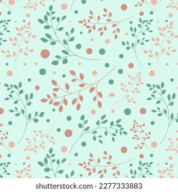 Delicate pattern with leaves and polka dots in pastel pink and mint colors. Design for fabric, for baby fabric, for packaging, cover, wallpaper.