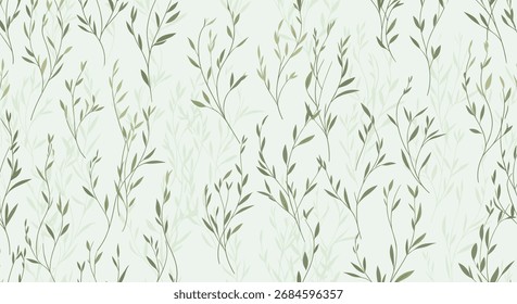 A delicate pattern of light green botanical branches and leaves on a pale background.