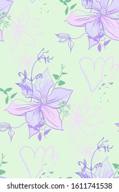 delicate pattern with lilac flowers and hearts drawn by hand on a light green background