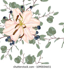 Delicate pattern of lilies flowers. Beautiful garden flowers, berries and eucalyptus. Design for cloth, wallpaper, gift wrapping. Print for silk and home textiles. White background.