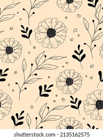Delicate pattern with line art botanic. Vector. Flowers, leaves