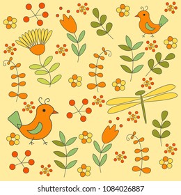 delicate pattern on pale yellow background with elements of flowers and leaves, there are birds and dragonfly