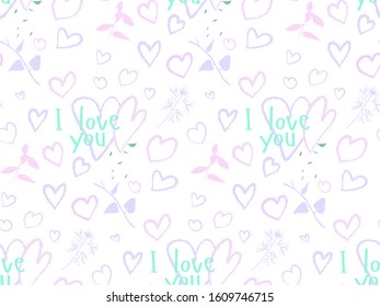 delicate pattern on a white background with the words I love you and hearts in lilac tones