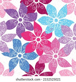 Delicate pattern with openwork painted vintage flowers in pastel colors on a transparent background. Seamless texture. Vector eps 10