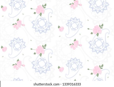 Delicate pattern with paisley and buds of pink roses on a white background. Vector seamless