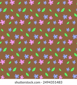 Delicate pattern of pink and blue flowers on a brown background
