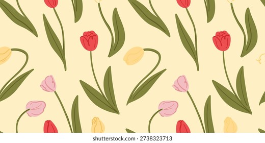 Delicate pattern with pink, yellow and red tulip buds on a vanilla background, seamless spring primroses