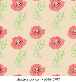 Delicate pattern with poppies. Hand drawing. Seamless for fabric design, gift wrapping paper and printing and web projects.