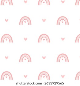 A delicate pattern with rainbows and hearts for clothes, textiles and children's decor in pink colors 