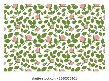 Delicate pattern of rose buds, leaves and leaflets. Seamless floral pattern. Vector illustration for background, texture, wrapper pattern, frame or border.