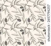 Delicate pattern showcases olive branches adorned with leaves and round olives on a light background. This design evokes a natural and serene ambiance, ideal for decor.