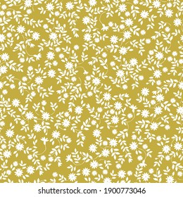 A delicate pattern of small flowers . mustard floral seamless background. small white flowers. Print the color in a flowered pattern. Vector texture. A bouquet of spring flowers for fashionable prints