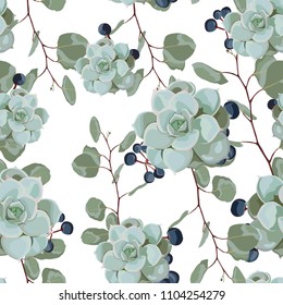 Delicate pattern of succulent, eucalyptus and berries. Design for cloth, wallpaper, gift wrapping. Print for silk and home textiles. White background.