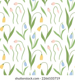 Delicate pattern with tulips and lilies of the valley, yellow, pink and blue flowers on white