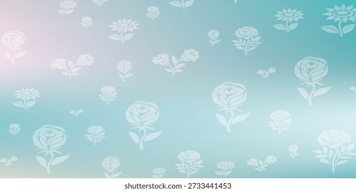 Um padrão delicado de ilustrações florais brancas espalhadas por um gradiente suave de tons azuis e rosa suaves.