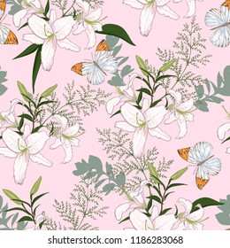 Delicate pattern and white lilies   butterflies pink background for fabric  interior  wrapper  Seamless vector background 