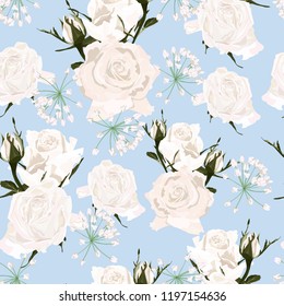 Delicate pattern white roses flowers and herbs.  Design for cloth, wallpaper, gift wrapping. Print for silk and home textiles. Baby blue background.