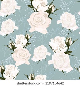 Delicate pattern white roses flowers and herbs.  Design for cloth, wallpaper, gift wrapping. Print for silk and home textiles. Rustic background.