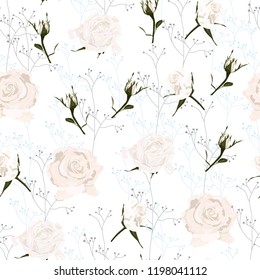 Delicate pattern white roses flowers and herbs.  Design for cloth, wallpaper, gift wrapping. Print for silk and home textiles. White background.