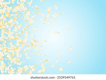 Delicate Peach Falling Vector Blue Background. Gold Blur Rose Texture. Yellow Cherry Tender Backdrop. Beige Flower Fly Frame. Japan Blossom Wallpaper.