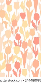 Delicate peachy tulip flowers seamless pattern. Aesthetic contemporary printable retro groovy florals background.
