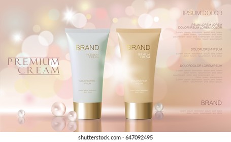 Delicate pearl pink cosmetic ad. Beige white face cream mask tube reflection package mockup blurred defocused shiny background template art vector illustration