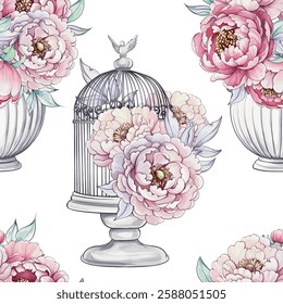 Delicate peonies arranged in stylish vases surround a whimsical birdcage, showcasing a harmonious blend of natures beauty in soft hues seamless pattern, background