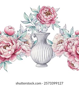 Delicate peonies bloom gracefully around a classical vase, showcasing soft colors and intricate details in a tranquil composition seamless pattern, ornament